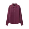 205 Camisa Casual de Nuevo Estilo con Botones Decorados, Textura de Satén de Seda, Color Sólido, Mangas Largas, Corte Holgado con Cuello de Solapa