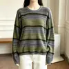 Suéter listrado com blocos de cor e gola redonda de manga longa em estilo casual para mulheres, 26 novo modelo outono/inverno, solto, moderno, versátil, malha básica