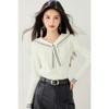 2025 Novo Outono e Inverno Moda Francesa Casual Manga Longa Slim Gola Azul Marinho Estilo Preppy Design Tops de Malha para Mulheres