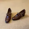 Zapatos de tacón alto vintage de piel de oveja súper suaves para mujer, punta redonda, tacón grueso, zapatos sencillos de una sola pieza, punta redonda, adelgazantes, con correa de hebilla, zapatos Mary Jane