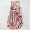 Vestido Casual de Algodón Puro con Estampado Digital Nuevo Transfronterizo, Cuello Redondo, Sin Mangas, Largo Medio, para Mujer, Verano en la Playa