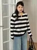 Camisa feminina listrada color block plus size, blusa casual de manga longa, estilo outono 2026, malha de caimento solto para mulheres plus size