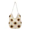 Nova Bolsa de Palha Tecida com Flor de Um Ombro Moda Bolsa Tecida com Fio de Algodão Grande Capacidade Feminina Bolsa Tote de Praia para Férias Bolsa Feminina
