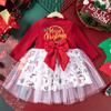 Roupas de Festa de Feriado Transfronteiriças Fantasia de Natal para Meninas Vestido com Manga Longa de Renda Estampado Desenho Animado Fofo