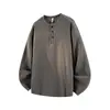 Suéter Waffle Branco com Gola Henry Masculino Tamanho Grande Casual Versátil Camada Base Camiseta de Manga Longa Cleanfit