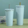Taza de acero inoxidable 304 de doble pared con aislamiento al vacío, color macarrón, transfronteriza, portátil, con popote de borde dorado, adecuada para uso en coche, taza de café