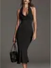 Vestido Bodycon de Tricô Sem Mangas para Mulheres 2026 Nova Moda Slim Fit Franzido Longo Cor Sólida Sexy Estilo Férias