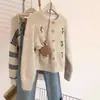 Novo Casaco Suéter Bordado Estilo Suave Outono/Inverno para Mulheres, Cardigã Tricot Suave Retrô Solto Estilo Coreano, Top Casual