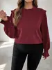 Camisa vintage de camurça plus size de manga comprida com gola alta franzida, mangas com babados elásticos e corte solto para o trajeto