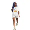 D9349 Amazon Caliente Moda Casual Europea y Americana para Mujer Patrón de Color Sólido Estampado Manga Corta Shorts Conjunto de Dos Piezas