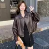 Jaqueta de Couro Feminina Estilo Hong Kong Retrô 2026 Outono Curta com Zíper Estilo Biker Cool Slim Fit Jaqueta Versátil
