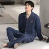 Pijama de Hombre Grueso Cálido de Algodón de Aire, Manga Larga, Pantalón Largo, Cuello Solapa, Conjunto Sencillo Casual Cómodo para Casa