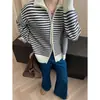 Sinan Casualismo Perezoso Bloque de Color Rayas Doble Cremallera Solapa Suelto Suéter Cardigan de Punto Sn8186