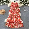 Vestido Floral Romántico Estilo Francés con Mangas de Linterna para Mujer, Versión Coreana de Otoño, Ceñido a la Cintura, Adelgazante, Fruncido, Elegante Vestido de Volantes