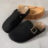 2026 Novas Mules Rosa Camurça Fivela Quadrada Solado de Cortiça Bico Fechado, Meio Chinelos Planos de Calçar, Exclusivo para E-commerce Transfronteiriço
