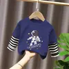 Camiseta de manga larga con estampado de dibujos animados, elegante y linda, estilo coreano, para bebés niños, ropa de otoño, algodón puro, retazos, imitación de dos piezas