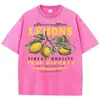 [Transfronterizo 230g] Camiseta Lavada para Mujer Estampado de Fruta de Limón Fresco Y2K Manga Corta Holgada Pieza Completa