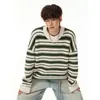 Suéter Retro Americano de Rayas y Bloques de Color con Cuello Redondo para Hombres y Mujeres Otoño Marca de Moda Cardigan Perezoso Holgado Ajuste Relajado Ropa de Abrigo