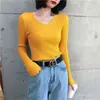 Suéter de punto versátil para mujer, top de punto coreano ajustado con cuello, camiseta básica ajustada para estudiante