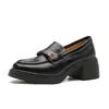 Mocassins de Couro com Salto Grosso, Redução de Ruído, Aumento de Altura, Novo Estilo para Mulheres Baixas, Mocassins Camellia Black com Solas Femininas