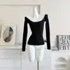 Suéter de Tricô com Mistura de Lã de Ovelha para Mulheres, Outono e Inverno, Estilo Puro e Sedutor, Adorno de Strass Resistente, Top Básico Ombro a Ombro