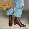 Botines de Piel de Vaca de Dos Capas con Tacón Grueso Botas de Tacón Alto Otoño Invierno Nuevos Punta Cuadrada Cremallera Trasera Tacón Alto Botas de Moda Botines de Mujer 42