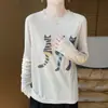 Nuevo estilo de verano, top de punto fino de cuello redondo, holgado, adelgazante, con estampado de gatito, jersey de manga larga, estilo coreano para mujer