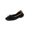 Zapatos de vestir de mujer, nuevo estilo otoño, corte bajo, punta cuadrada de piel genuina, moño, suela suave, caña baja, zapatos de muñeca