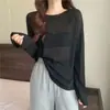 Camisa Básica de Verano para Mujer, Cuello Redondo, Ligeramente Transparente, Azul Cielo, Manga Larga, Protección Solar, Nueva Ropa Exterior Holgada Oversize para Mujer