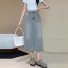 Falda vaquera con forma de pera que cubre la cadera para mujer, de longitud media, talla grande, para personas ligeramente con sobrepeso, de cintura alta, aspecto adelgazante, con abertura, falda de línea A que se ajusta a la cadera