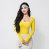 Roupas de Yoga de Cor Contrastante Novas para Outono e Inverno para Mulheres com Bojos, Tops de Gola Redonda, Camisetas, Esportes de Pilates, Corrida, Fitness, Mangas Longas