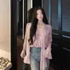Blusa de chiffon roxa com estampa floral, decote em V e mangas compridas para mulheres, estilo coreano de primavera, suave e solta, afina a silhueta, top curto para mulheres baixinhas