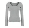 Camiseta Tendência com Gola Quadrada e Manga Curta para Mulheres, Nova Camisa Básica Slim-Fit para Outono e Inverno, Top de Manga Longa Cor Sólida que Marca a Cintura