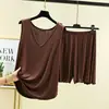 Chaleco de modal con cuello en V para mujer, verano, fino, casual, holgado, shorts, talla grande, ropa exterior, pijama para casa, conjunto de dos piezas