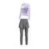 Conjunto de Yoga Red Net Feminino com Cruz Manga Longa Cover-up Calça Falsa de Duas Peças Emagrecedor Confortável Versátil para o Dia a Dia Roupas de Fitness