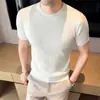 Verão 2026 Novo Masculino [Lã] Refrescante e Respirável Estilo Old Money Gola Redonda Malha Manga Curta Elástico Listrada Camiseta para Homens