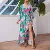 Vestido de Moda Otoño 2025 Nuevo Estilo Europeo y Americano con Estampado, Cuello en V, Cintura Alta, Falda Larga Estilo Vacaciones para Mujer