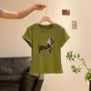 Camiseta de Verano Nueva para Mujer Qiaomi Estampado de Cachorro Negro Americano Cuello Redondo Hombro Normal Manga Corta Top Adelgazante para Personas Bajas