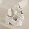2025 Novo Estilo Outono Renda Laço Fivela Coração Pérola Elegante Fashionável Salto Grosso Mary Jane Sapatos Pequenos de Couro