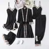Pijama de Seda de Hielo para Mujer Primavera y Otoño Sexy Bata de Imitación de Seda Verano Delgado de Tirantes Bata de Noche Traje de Cinco Piezas Ropa Exterior
