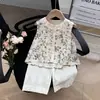 Chaleco Floral de Algodón y Lino Vintage para Niña Verano Nuevo Estilo Coreano Estilo Extranjero Camisa de Muñeca para Niños Pantalones de Pierna Ancha Traje de Dos Piezas