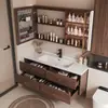 Nuevo mueble de baño de estilo minimalista con lavabo integrado de cerámica, armario espejo multifuncional de almacenamiento y combinación de madera maciza