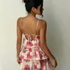 Nuevo Vestido Corto de Verano para Mujer Estilo Elegante y Romántico Estampado Floral Multicapa Sexy Espalda Descubierta Cuello de Atar
