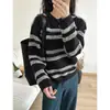 Camiseta Básica de Tricô de Seda Brilhante com Listras Pretas e Brancas, Gola Redonda, Nova Coleção Primavera Cedo, Estilo Preguiçoso, Suéter Casual Moderno, Roupa Íntima Feminina