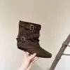 Botas ankle boot bootcut de bico quadrado retrô francesas para mulheres, nova coleção outono 2026, com sola macia, design interno que aumenta a altura e detalhes de fivela, botas estilo western