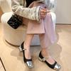 Princesa, por favor, use zapatos Mary Jane de piel de vaca de seda a juego con diamantes de imitación de color, zapatos de cuero de cabeza cuadrada de tacón medio grueso de 2025, talla grande 41