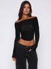 Top Feminino 2025 Estilo Europeu e Americano Cor Sólida Ombro a Ombro Manga Longa Slim Fit Cropped Malha Transparente Estilo Curto