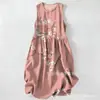 Vestido Casual de Algodão Puro com Estampa Digital Nova, Gola Redonda, Sem Mangas, Comprimento Médio, Para Mulheres, Verão na Praia