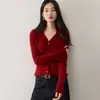 Cárdigan de cachemira al 35% para otoño e invierno, cuello polo, suéter de punto acanalado, color liso, top de punto de lana de manga larga para mujer