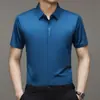 Camisa Masculina de Seda Gelada Não Amassa para o Verão Camisa Casual de Negócios de Cor Sólida para Homens de Meia-Idade Roupa de Pai Camisa Fina Elástica Fresca